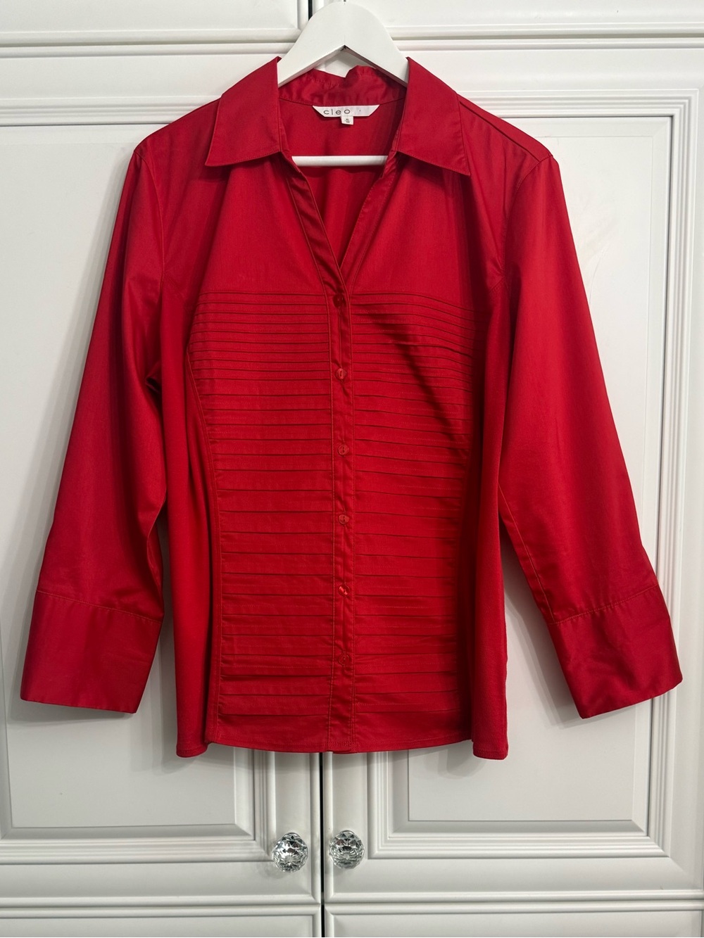 Cleo Red Horizontal Pintuck Pleated Button-Front Long Sleeve Blouse Top Size XL